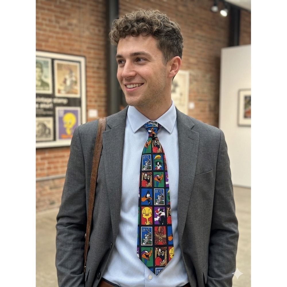 Vintage 1997 Looney Tunes Stamp Collection Tie Mens Bugs Bunny USPS 90s Cartoon